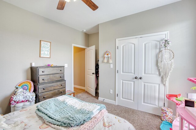 232 Spring Brook Ct, Lumberton, TX 77657 - bedroom featuring a closet, carpet, baseboards, and a ceiling fan