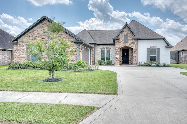 232 Spring Brook Ct, Lumberton, TX 77657 - french provincial home with concrete driveway, a garage, a front yard, brick siding, and a shingled roof