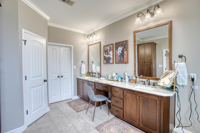 232 Spring Brook Ct, Lumberton, TX 77657 - bathroom featuring double vanity, crown molding, and tile patterned floors