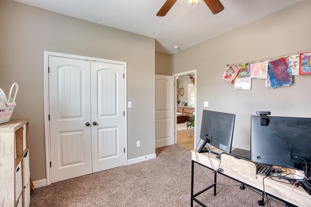 232 Spring Brook Ct, Lumberton, TX 77657 - home office with light carpet, a ceiling fan, and baseboards