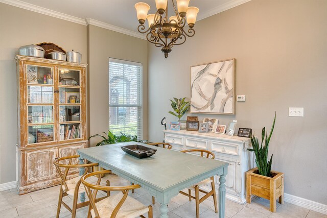 232 Spring Brook Ct, Lumberton, TX 77657 - dining room with baseboards, light tile patterned floors, a chandelier, and ornamental molding