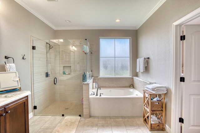 232 Spring Brook Ct, Lumberton, TX 77657 - bathroom featuring a bath, a shower stall, vanity, ornamental molding, and tile patterned flooring