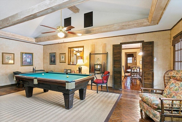 rec room featuring ceiling fan, dark parquet floors, lofted ceiling with beams, billiards, and ornamental molding