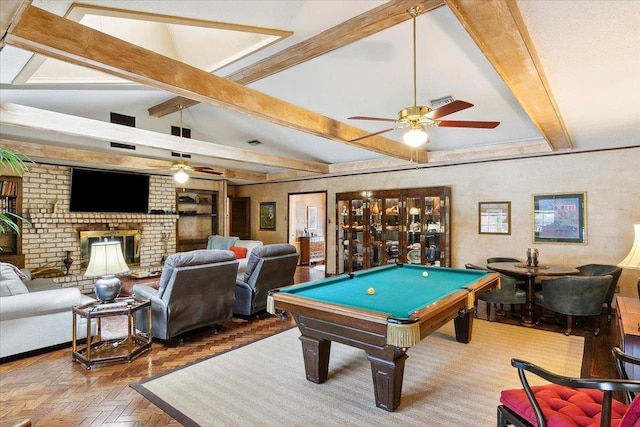 playroom featuring ceiling fan, a fireplace, parquet floors, and pool table