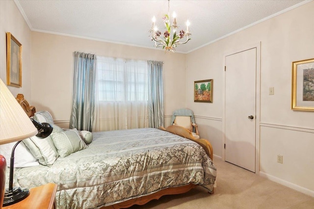 bedroom with crown molding, light colored carpet, and an inviting chandelier