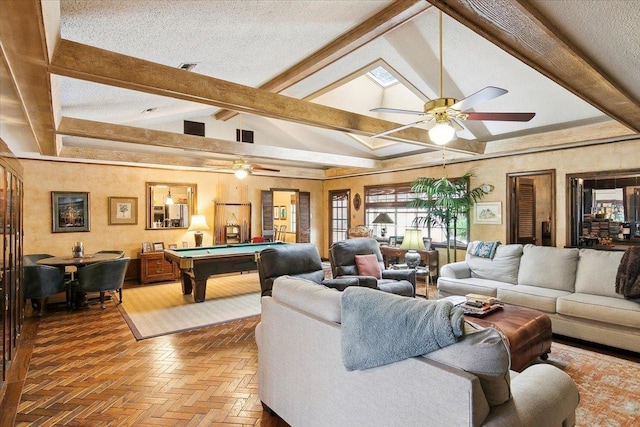 living room with parquet flooring, a textured ceiling, ceiling fan, lofted ceiling with beams, and billiards