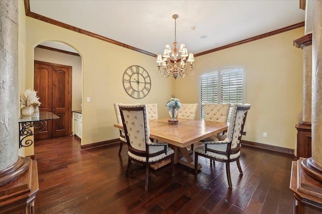 970 Hibiscus Cir, Beaumont, TX 77706 - dining room featuring arched walkways, dark wood-style floors, a chandelier, and crown molding