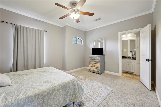 970 Hibiscus Cir, Beaumont, TX 77706 - bedroom featuring light carpet, crown molding, ensuite bath, and a ceiling fan