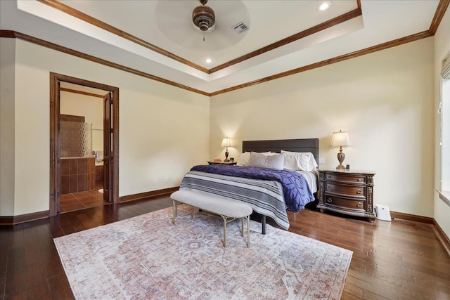 970 Hibiscus Cir, Beaumont, TX 77706 - bedroom featuring wood-type flooring, a raised ceiling, ornamental molding, recessed lighting, and ensuite bathroom
