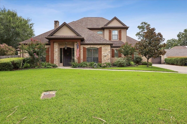 970 Hibiscus Cir, Beaumont, TX 77706 - french country inspired facade featuring a front yard, concrete driveway, a chimney, and a shingled roof