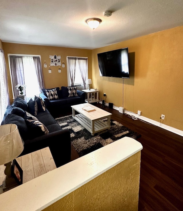 living area with a healthy amount of sunlight, baseboards, and wood finished floors