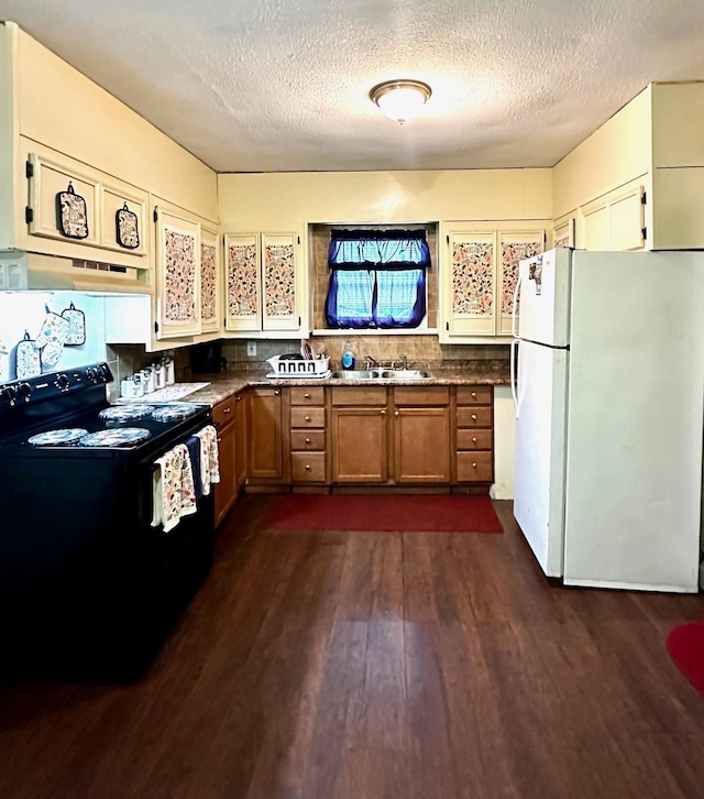 kitchen with brown cabinets, black range with electric stovetop, under cabinet range hood, a sink, and freestanding refrigerator