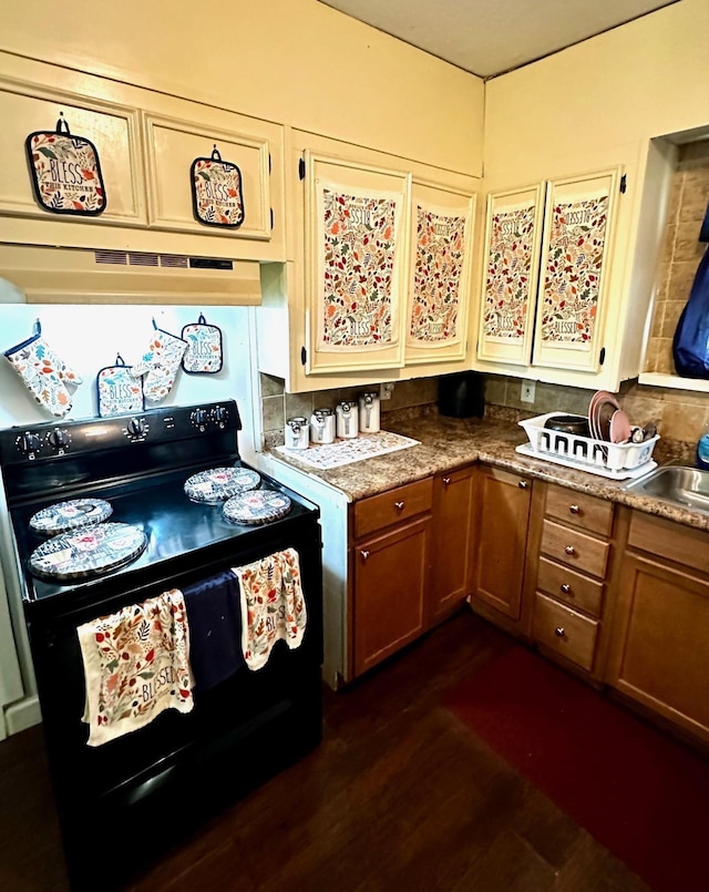 kitchen with tasteful backsplash, brown cabinetry, black electric range oven, and under cabinet range hood