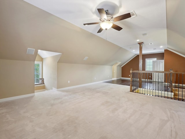 9670 Manion Ct, Beaumont, TX 77706 - additional living space featuring lofted ceiling, a healthy amount of sunlight, carpet flooring, and ceiling fan