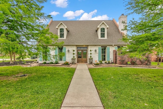 cape cod-style house with a front lawn and french doors