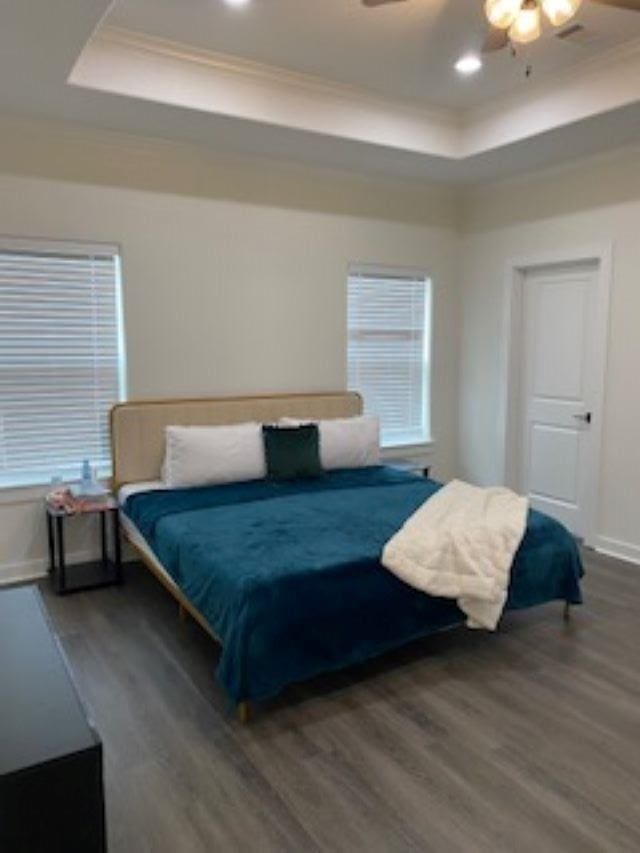 bedroom featuring a raised ceiling, ceiling fan, and dark hardwood / wood-style floors