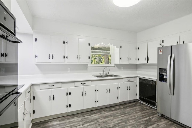 kitchen with white cabinetry, stainless steel fridge with ice dispenser, sink, and black dishwasher