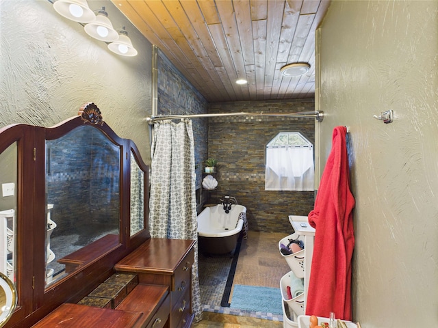 650 Sudduth Dr, Bridge City, TX 77611 - bathroom featuring wood ceiling and curtained shower
