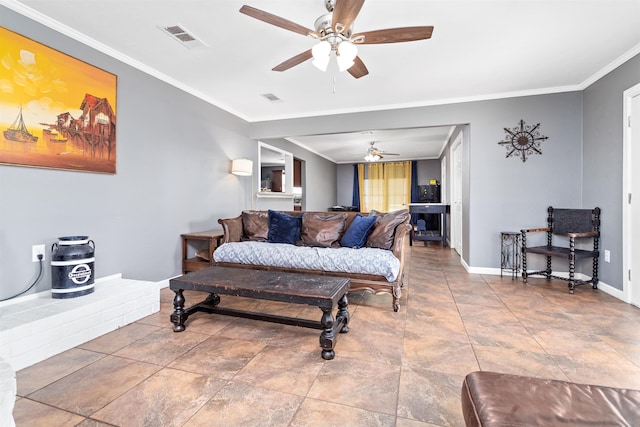 living area with a ceiling fan, baseboards, visible vents, and crown molding