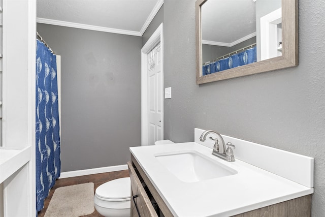 bathroom featuring baseboards, toilet, ornamental molding, curtained shower, and vanity