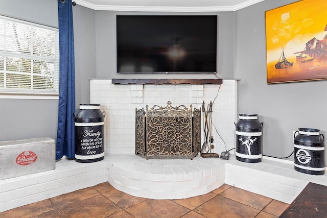 interior details with a fireplace and crown molding