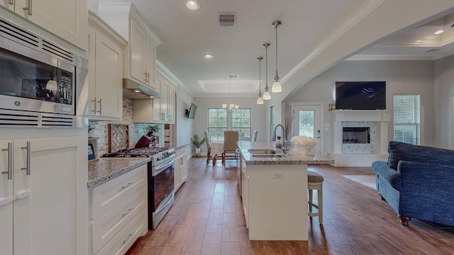 108 Colonial Estates Dr, Bridge City, TX 77611 - kitchen with appliances with stainless steel finishes, a sink, open floor plan, a fireplace, and ornamental molding