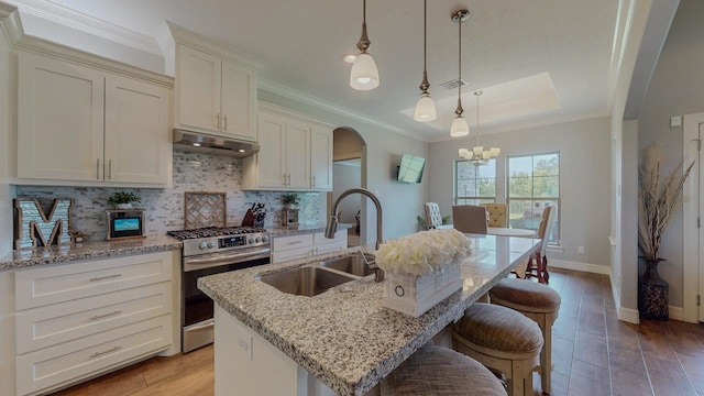 108 Colonial Estates Dr, Bridge City, TX 77611 - kitchen with gas range, a sink, under cabinet range hood, a chandelier, and a center island with sink