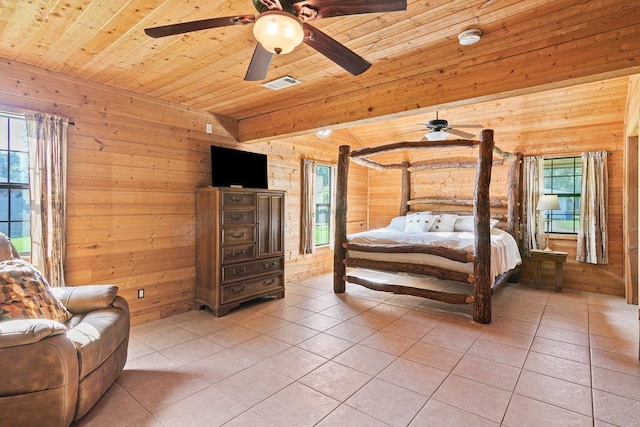 bedroom with ceiling fan, wooden ceiling, and multiple windows