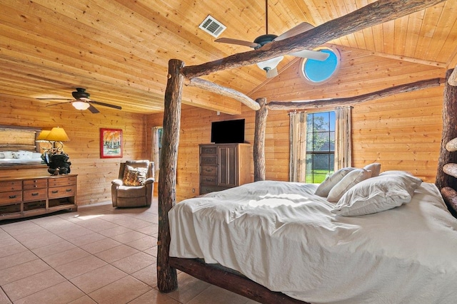 bedroom with beam ceiling, ceiling fan, light tile patterned floors, and wooden ceiling