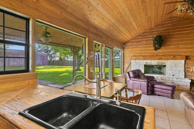 interior space featuring sink, wood ceiling, and lofted ceiling