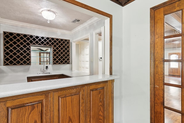 bar with ornamental molding, sink, and a textured ceiling