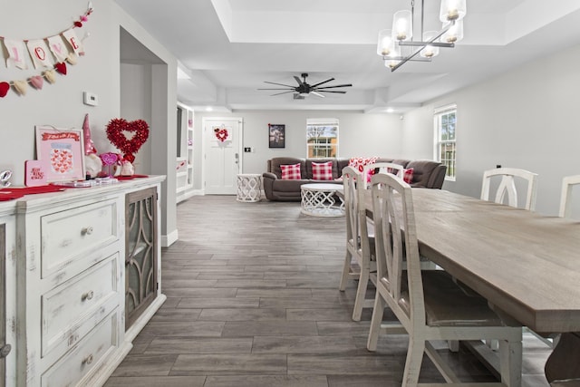 dining area with ceiling fan with notable chandelier and a raised ceiling