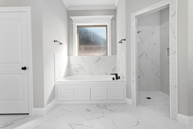 bathroom featuring independent shower and bath and ornamental molding