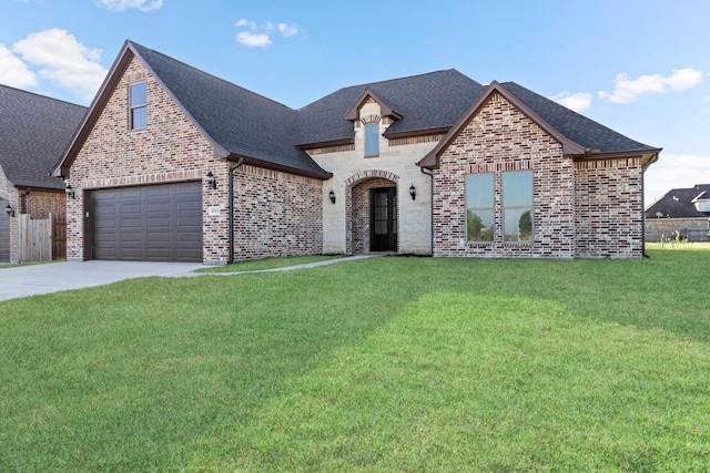 french country style house with a front lawn and a garage