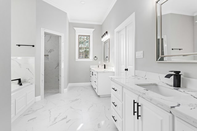 bathroom featuring vanity, separate shower and tub, and crown molding