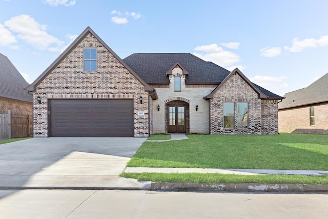 french country inspired facade featuring a front lawn, a garage, and french doors