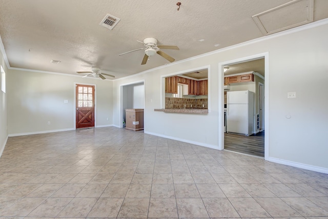 unfurnished living room featuring a textured ceiling, ceiling fan, crown molding, and light tile patterned flooring