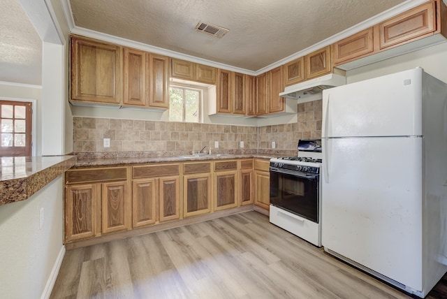 kitchen featuring sink, tasteful backsplash, crown molding, white appliances, and custom range hood