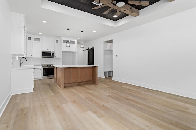 460 Myrtle, Silsbee, TX 77656 - kitchen featuring a ceiling fan, appliances with stainless steel finishes, tasteful backsplash, a barn door, and a tray ceiling