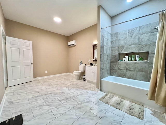 bathroom with vanity, toilet, marble finish floor, shower / bath combo, and a wall mounted air conditioner