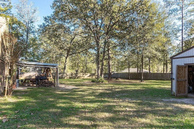 view of yard featuring a storage unit