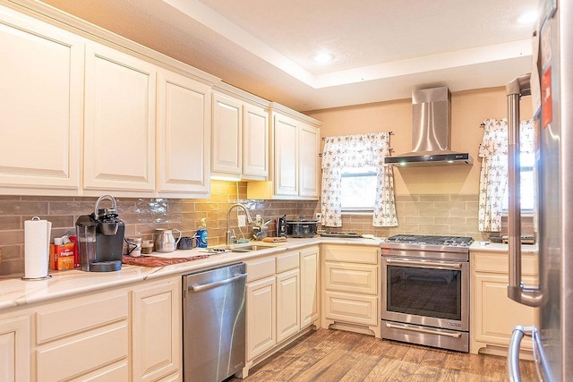 kitchen with light wood-type flooring, tasteful backsplash, wall chimney exhaust hood, stainless steel appliances, and sink