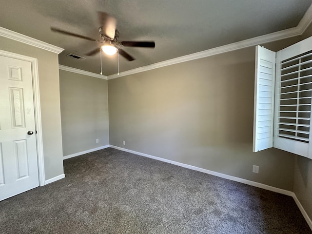 unfurnished bedroom featuring dark colored carpet, ceiling fan, and ornamental molding