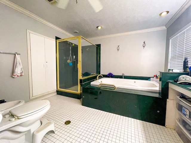 bathroom featuring tile patterned floors, toilet, crown molding, and plus walk in shower