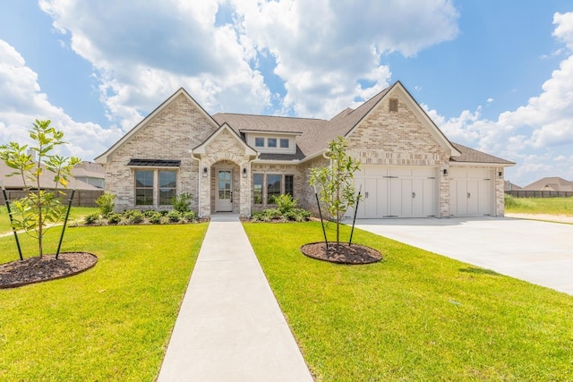 view of front of home with a garage and a front lawn