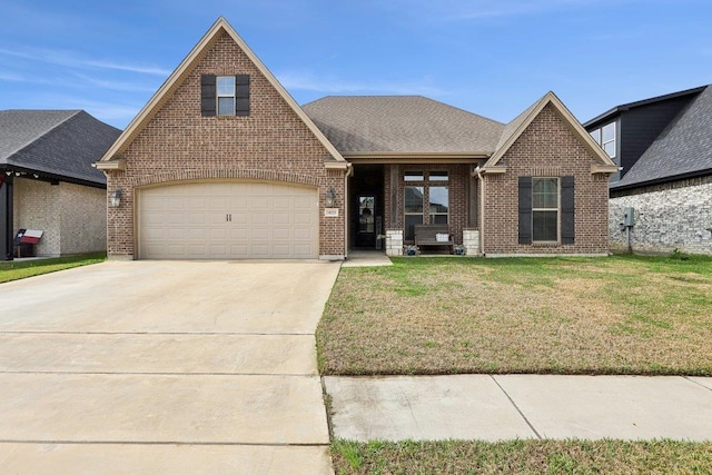 view of front of home with a garage and a front lawn