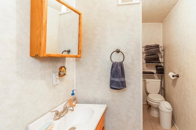 bathroom featuring vanity, a textured ceiling, and toilet