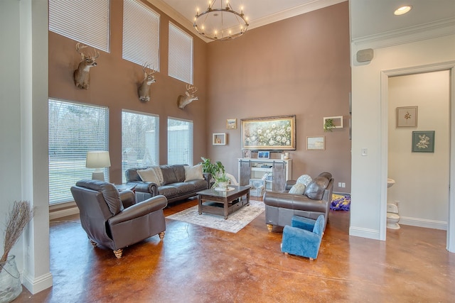 living room featuring crown molding, concrete floors, and a chandelier