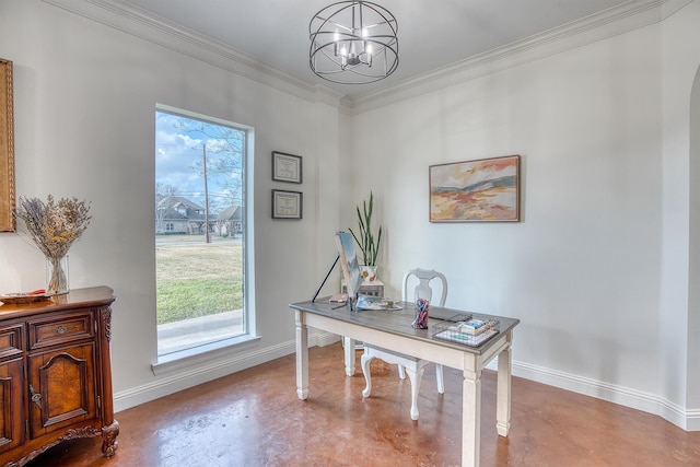 home office with a notable chandelier, ornamental molding, concrete floors, and a healthy amount of sunlight