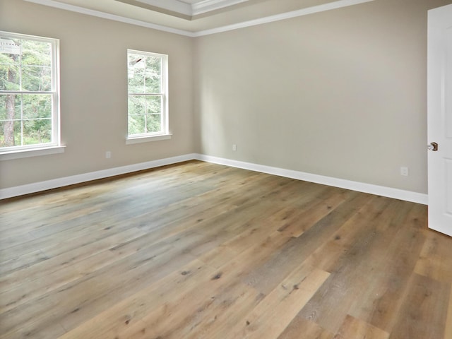 empty room with a tray ceiling, crown molding, and light hardwood / wood-style floors